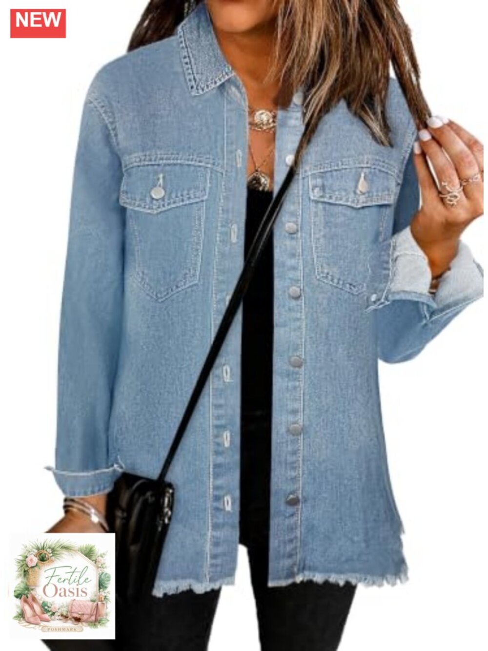 Oversized Distressed Denim Shacket Long Sleeve Boyfriend Style